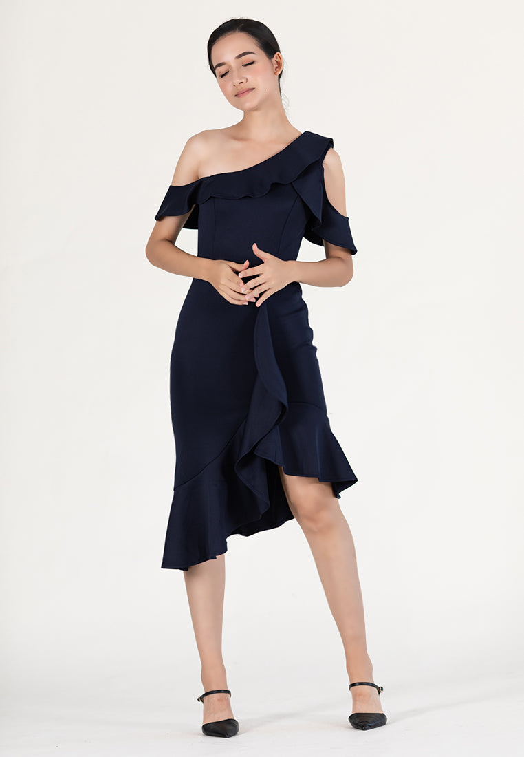 Bebebeige Cold Shoulder Polyester Mermaid Style Midi Dinner Dress