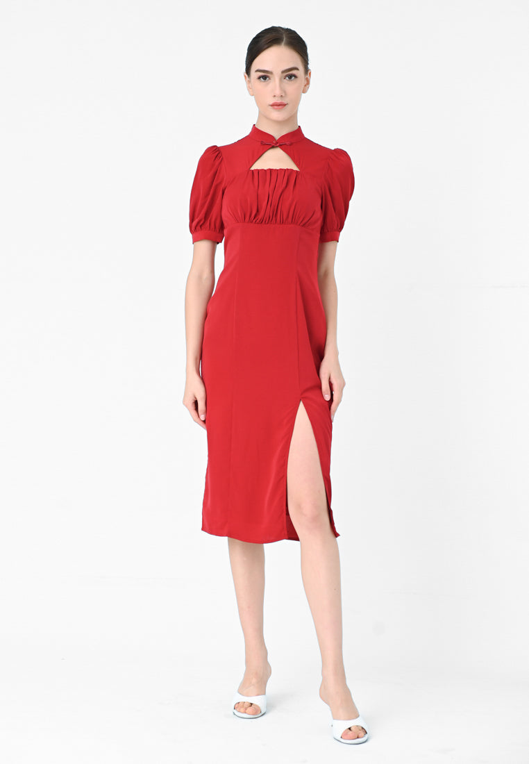BebeBeige Chinese Collar Midi Dress