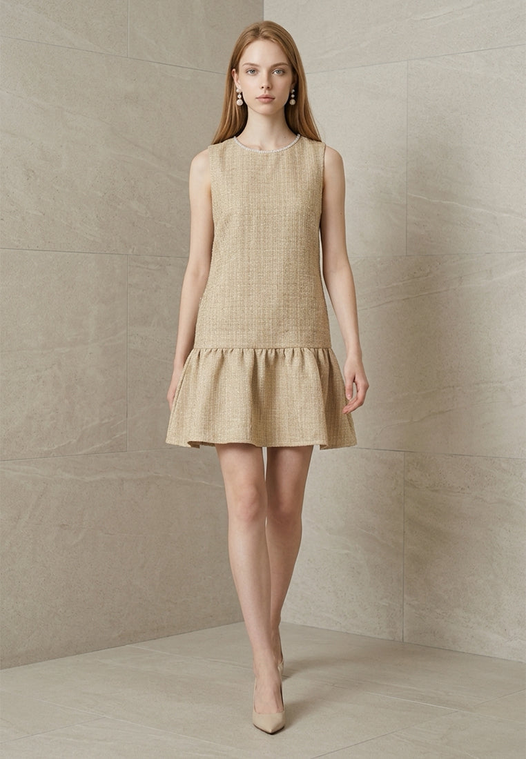 BebeBeige Elegant Sleeveless Pearl Trim Tweed Dress