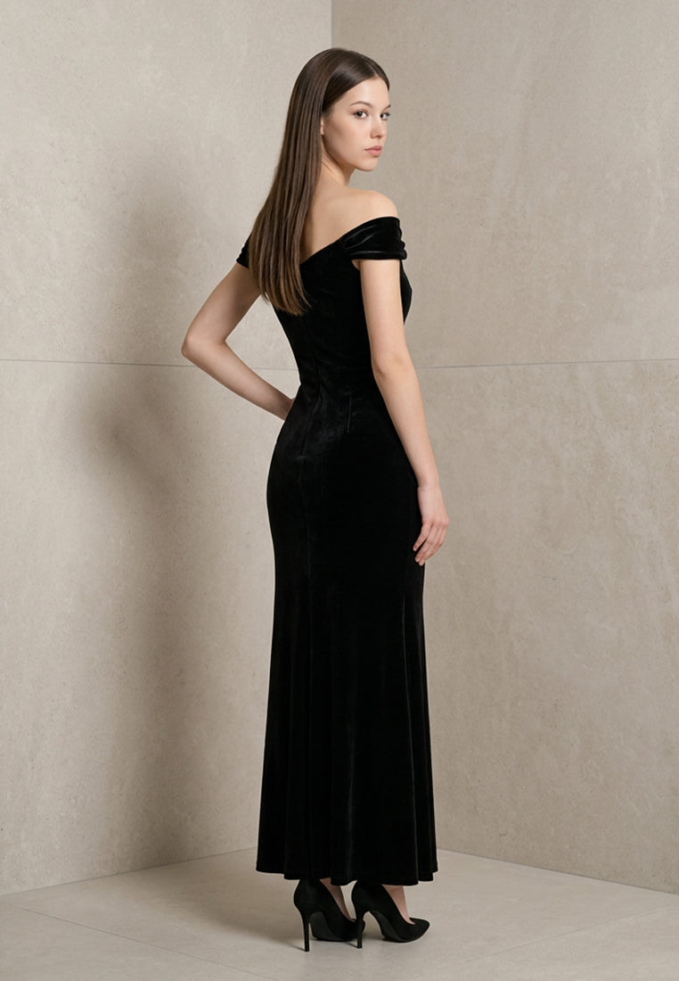 BebeBeige Velvet Off Shoulder Dinner Dress