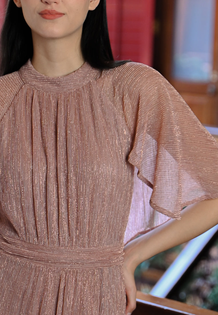 BebeButterfly Pleated Metallic Crepe Maxi Dress