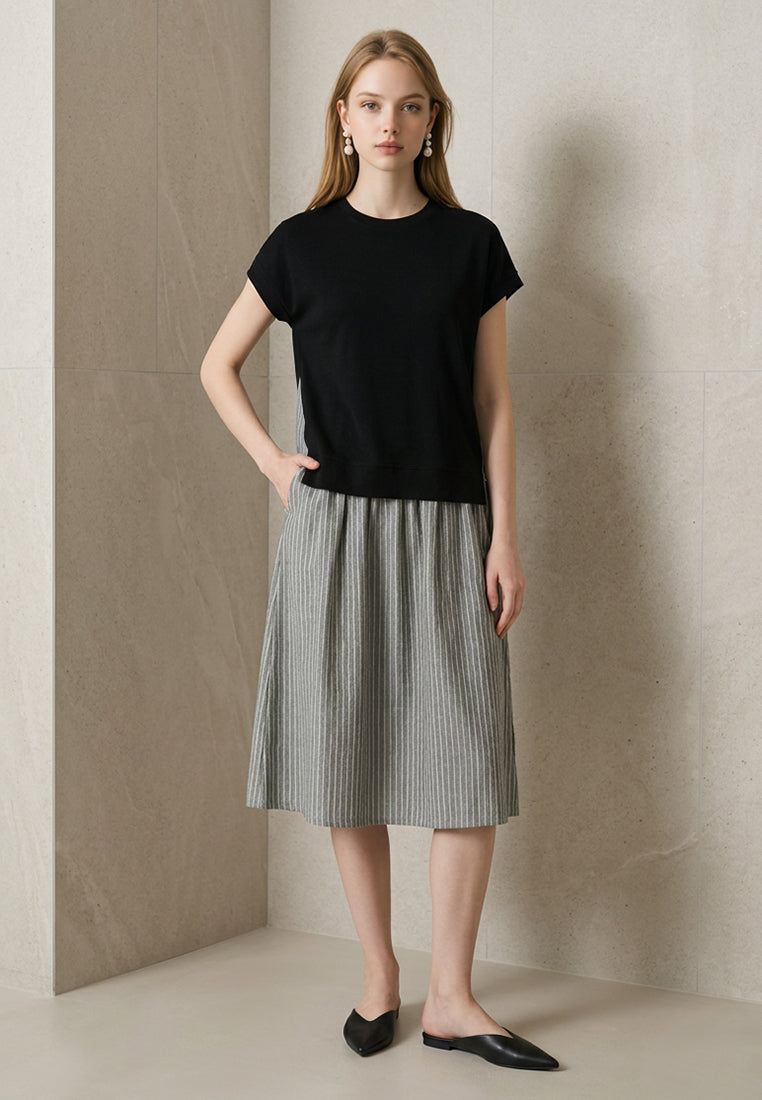 Plain B. Contrast Knit Top Striped Midi Dress