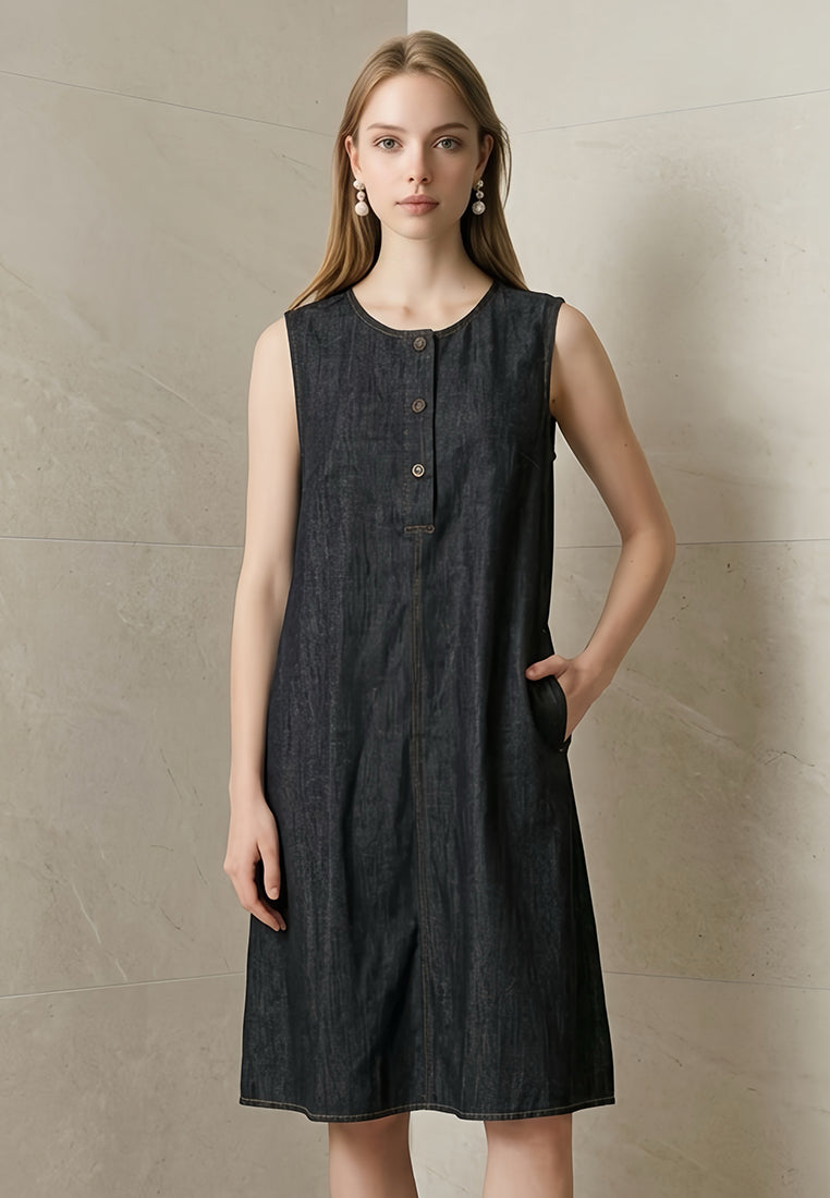 Plain B. Sleeveless Round Neck Denim A-Line Dress