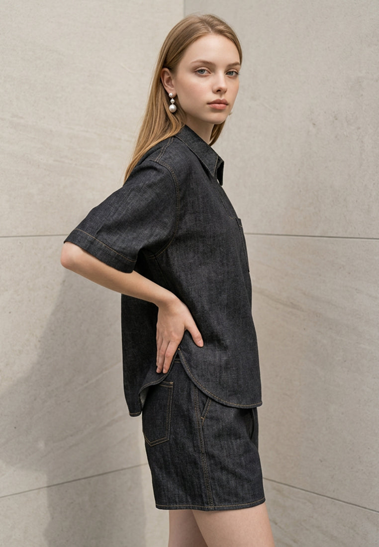 Plain B. Minimalist Indigo Denim Shirt & Shorts Matching Setwear
