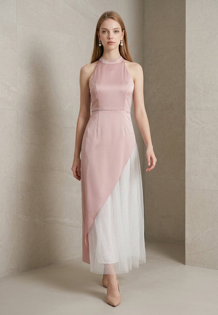 BebeBeige High-Neck Asymmetrical Satin & Mesh Evening Dress