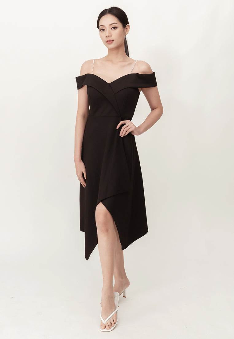 BebeBeige Off Shoulder Polyester Flared Midi Dinner Dress