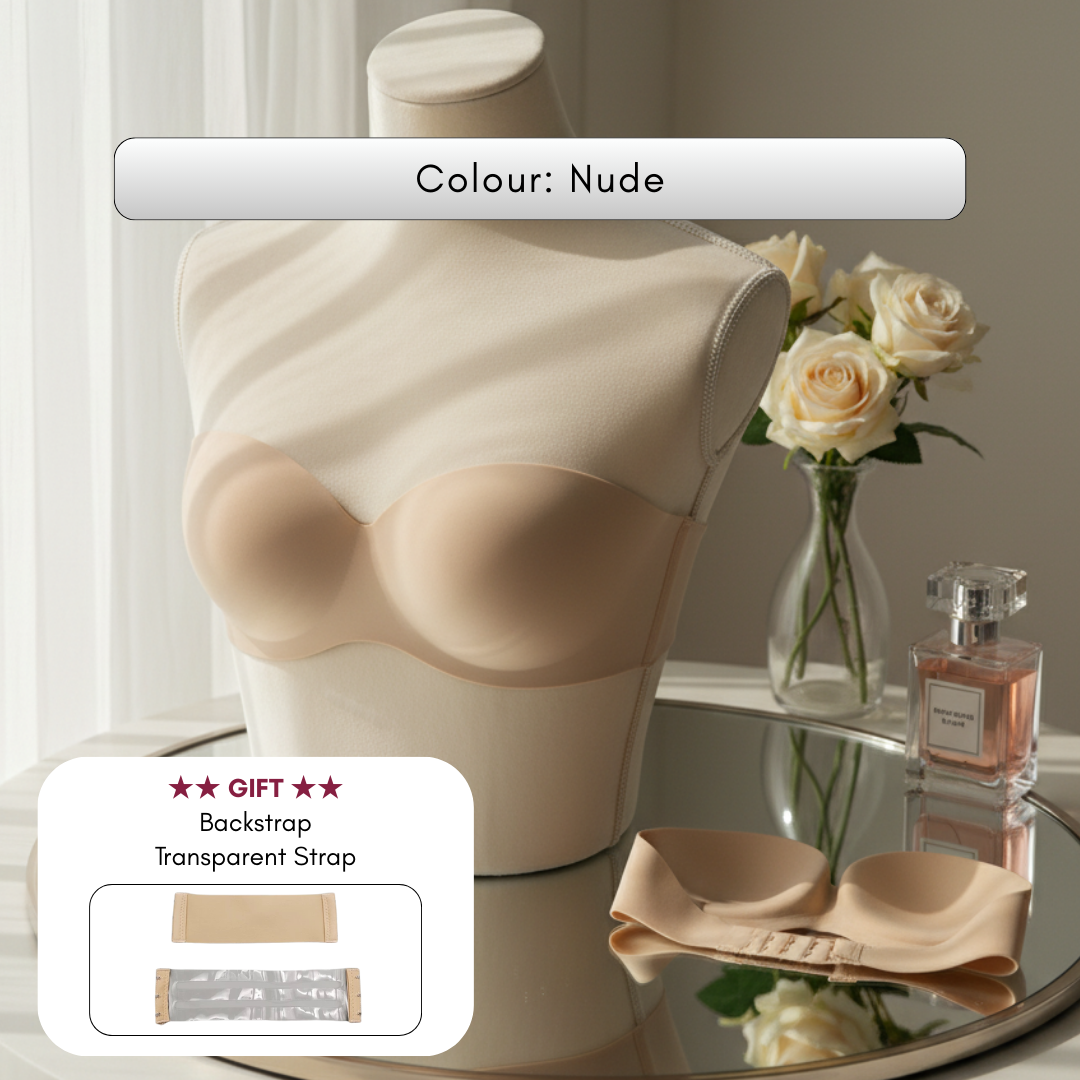 Plain B. Women Strapless Anti-Slip Stable Hold Seamless Invisible Half Cup Bra