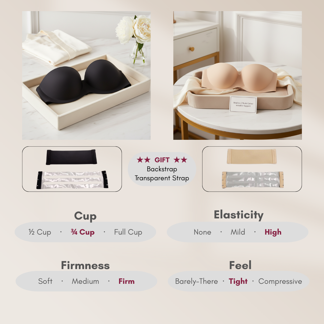 Plain B. Women Strapless Anti-Slip Stable Hold Seamless Invisible Half Cup Bra