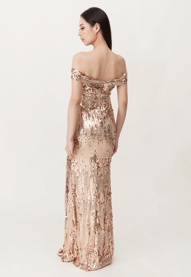 BebeBeige Off Shoulder Sequins Slim Fit Gown Maxi Dinner Dress