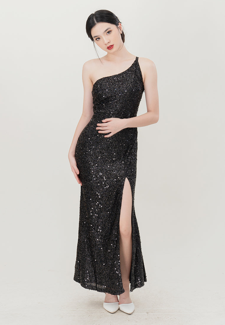 BebeBeige One Shoulder Sequins Slim Fit Maxi Dinner Dress