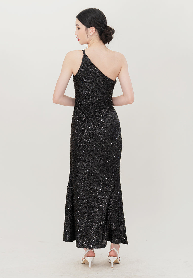BebeBeige One Shoulder Sequins Slim Fit Maxi Dinner Dress
