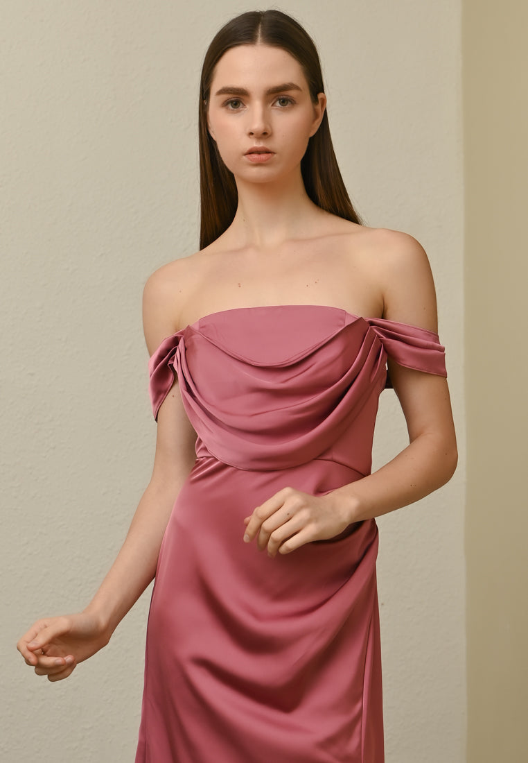 BebeBeige Off Shoulder Silk Dinner Dress