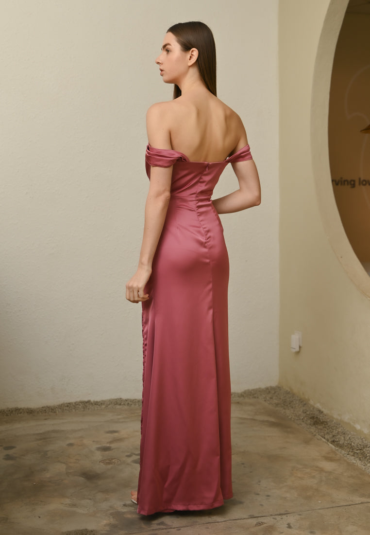 BebeBeige Off Shoulder Silk Dinner Dress
