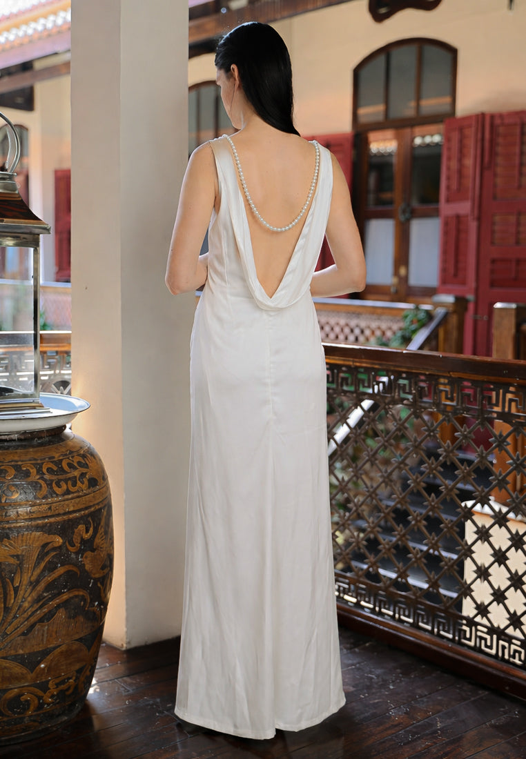 BebeBeige Backless with Pearl Chain Maxi Dress