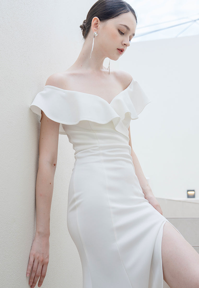 BebeBeige Off Shoulder Slim Fit Open Slit Maxi Gown Dinner Dress