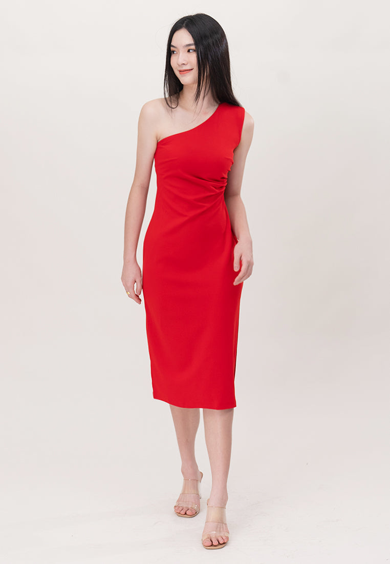 BebeBeige Polyester One Shoulder Slim Fit Midi Dinner Dress