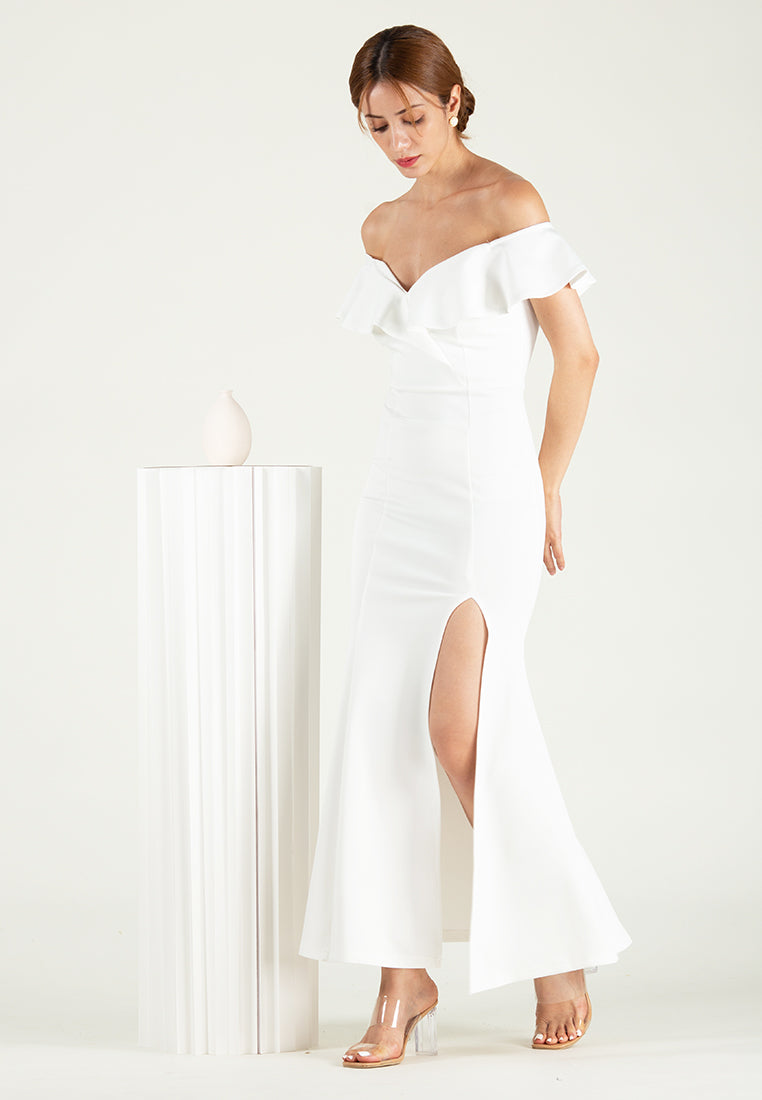 BebeBeige Off Shoulder Slim Fit Open Slit Maxi Gown Dinner Dress