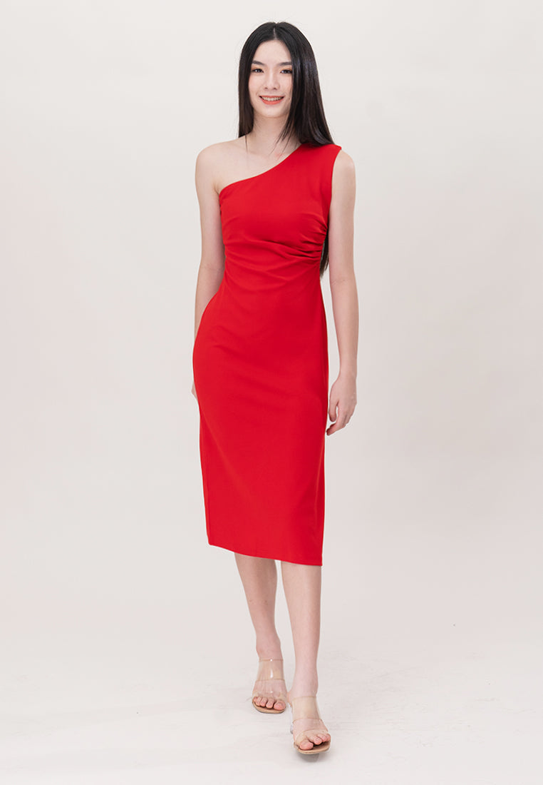 BebeBeige Polyester One Shoulder Slim Fit Midi Dinner Dress