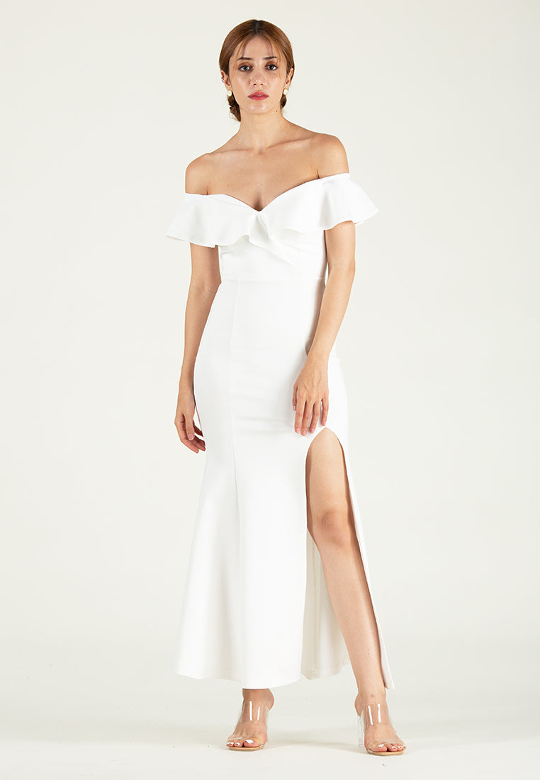 BebeBeige Off Shoulder Slim Fit Open Slit Maxi Gown Dinner Dress
