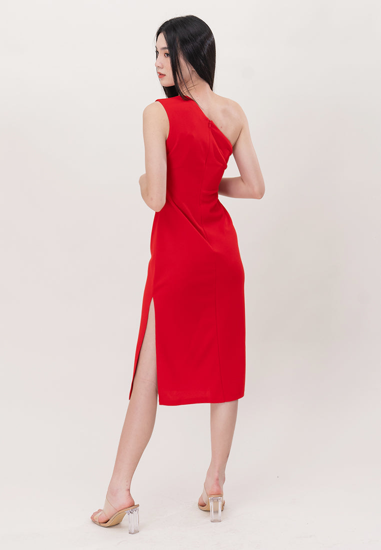 BebeBeige Polyester One Shoulder Slim Fit Midi Dinner Dress