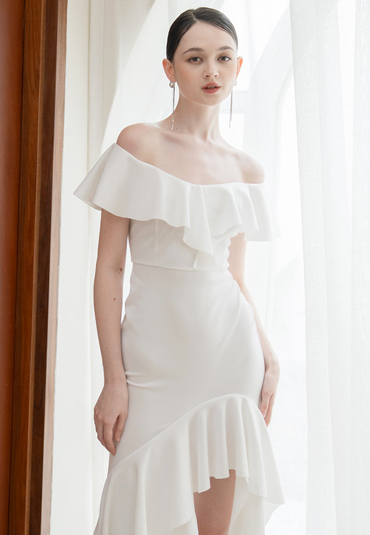 BebeBeige Off Shoulder Elegant Evening Dinner Prom Dress White