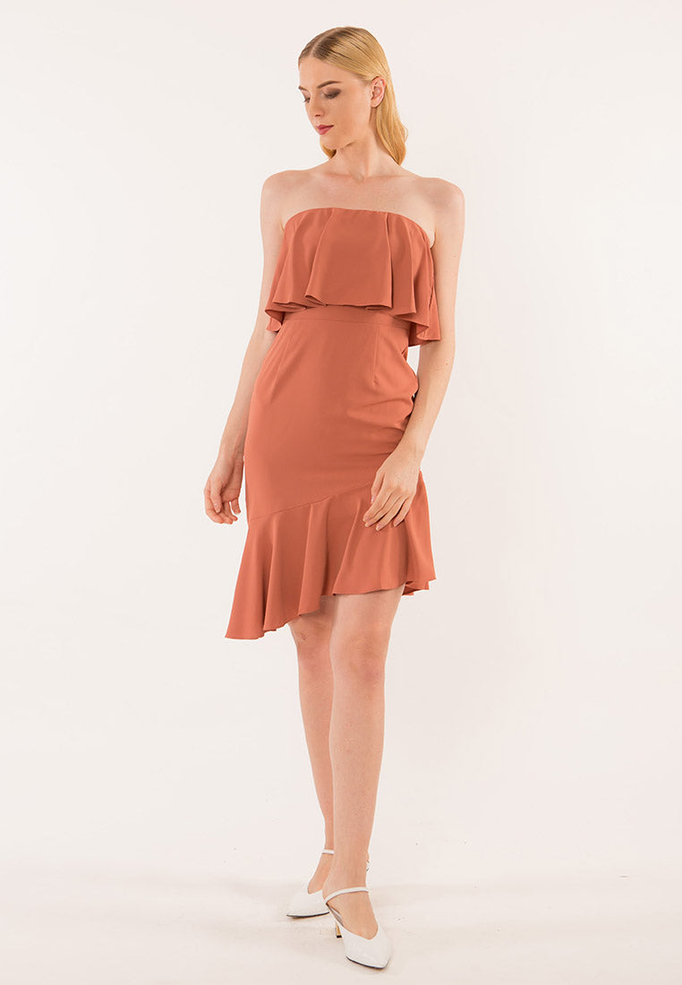 BebeBeige Crepe LayerOff Shoulder Dinner Dress