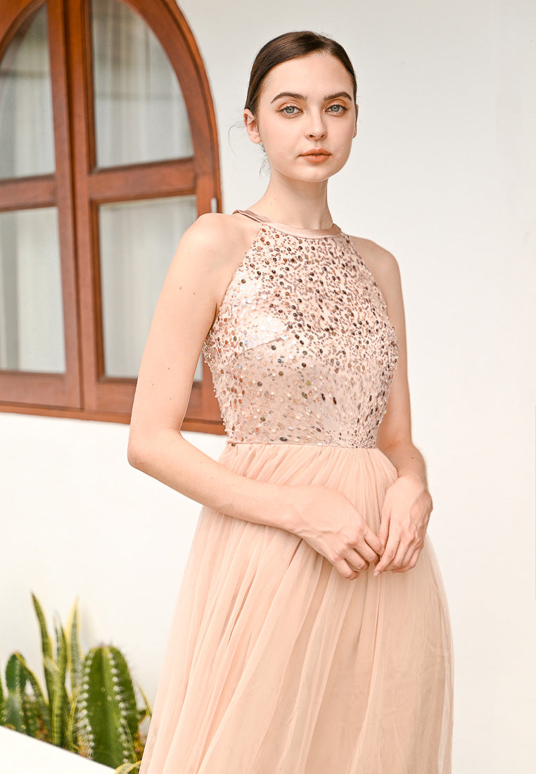 BebeBeige Halter Neck Sequins Mesh Maxi Long Dinner Dress