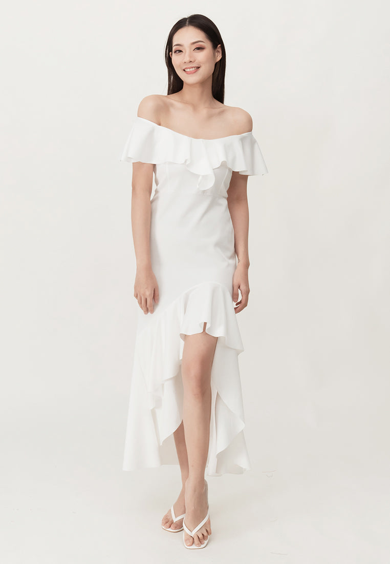 BebeBeige Off Shoulder Elegant Evening Dinner Prom Dress White
