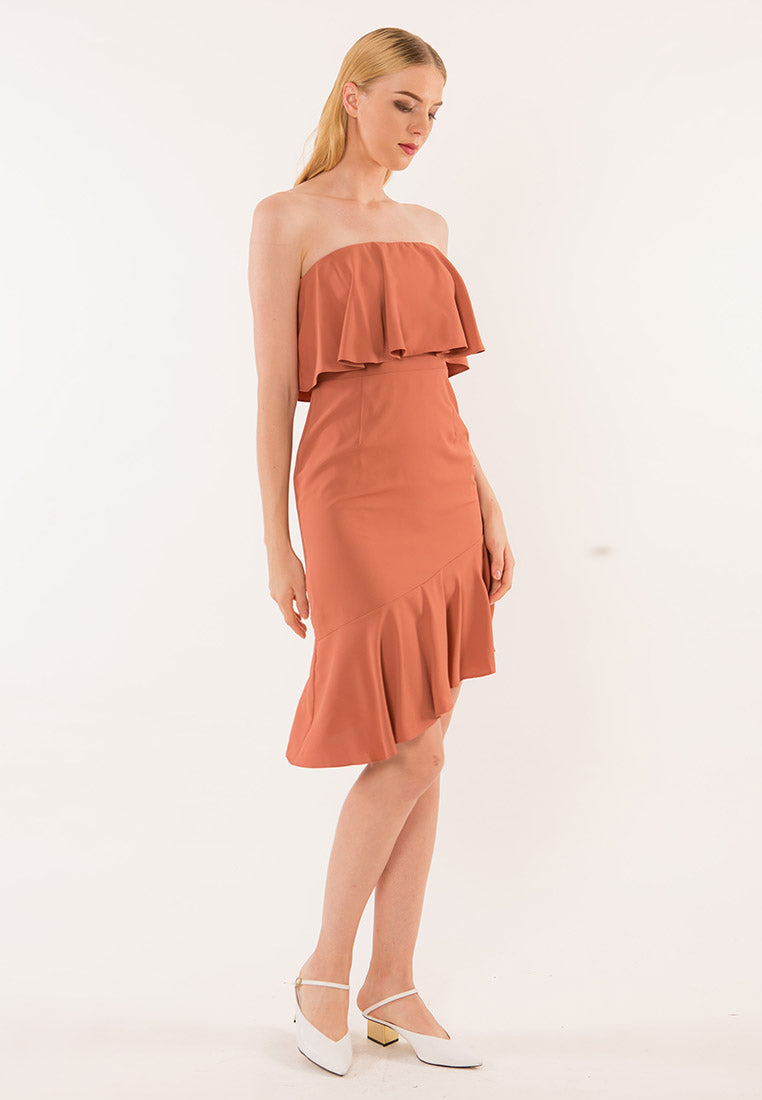 BebeBeige Crepe LayerOff Shoulder Dinner Dress