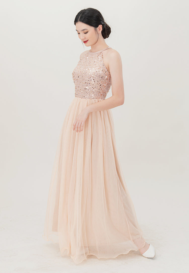 BebeBeige Halter Neck Sequins Mesh Maxi Long Dinner Dress