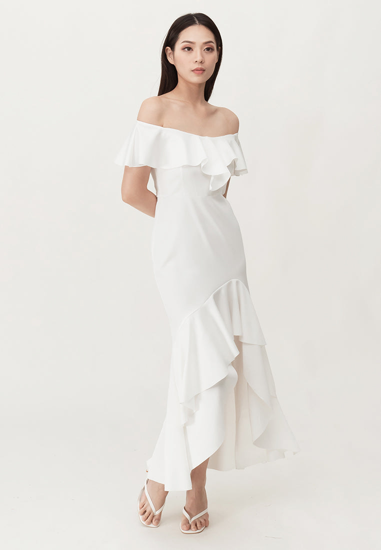 BebeBeige Off Shoulder Elegant Evening Dinner Prom Dress White