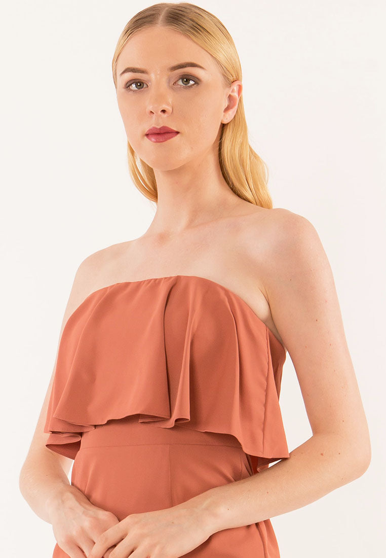 BebeBeige Crepe LayerOff Shoulder Dinner Dress