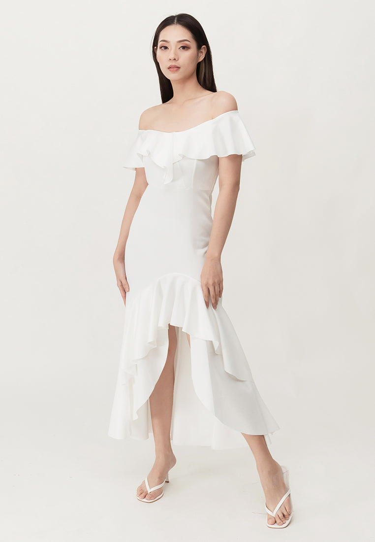 BebeBeige Off Shoulder Elegant Evening Dinner Prom Dress White