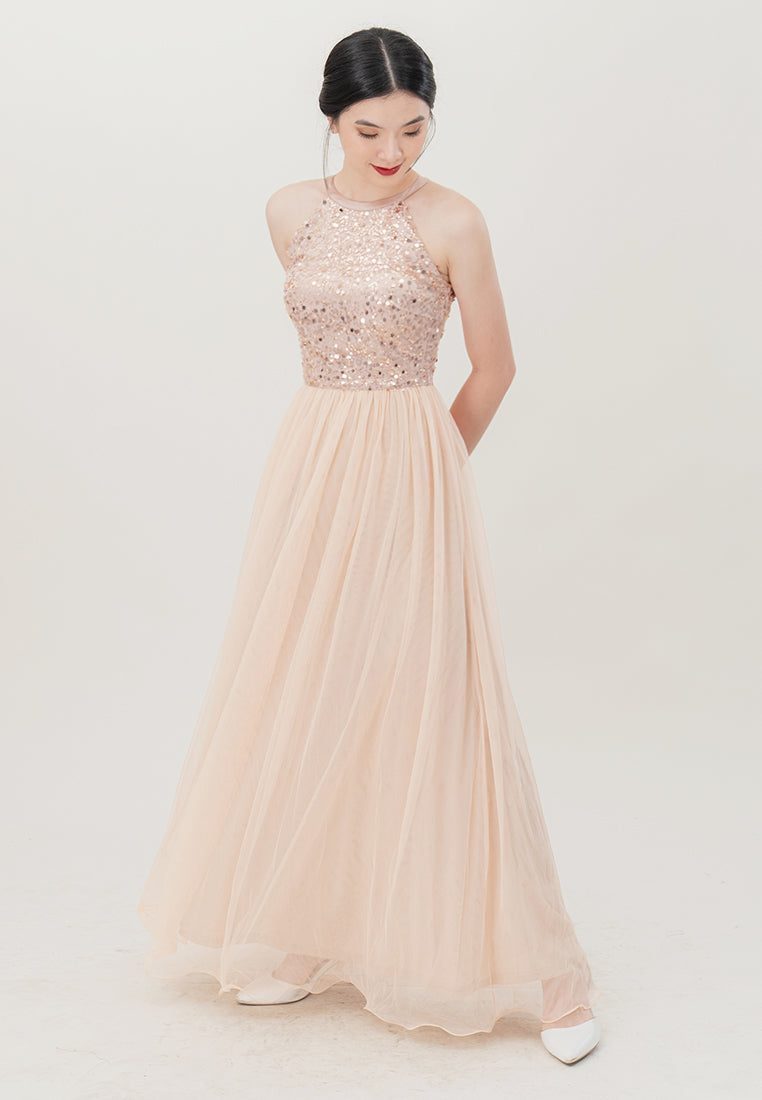 BebeBeige Halter Neck Sequins Mesh Maxi Long Dinner Dress