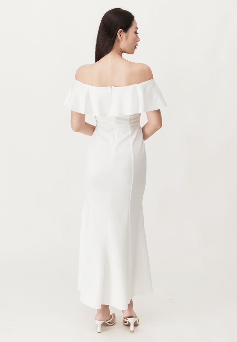 BebeBeige Off Shoulder Elegant Evening Dinner Prom Dress White