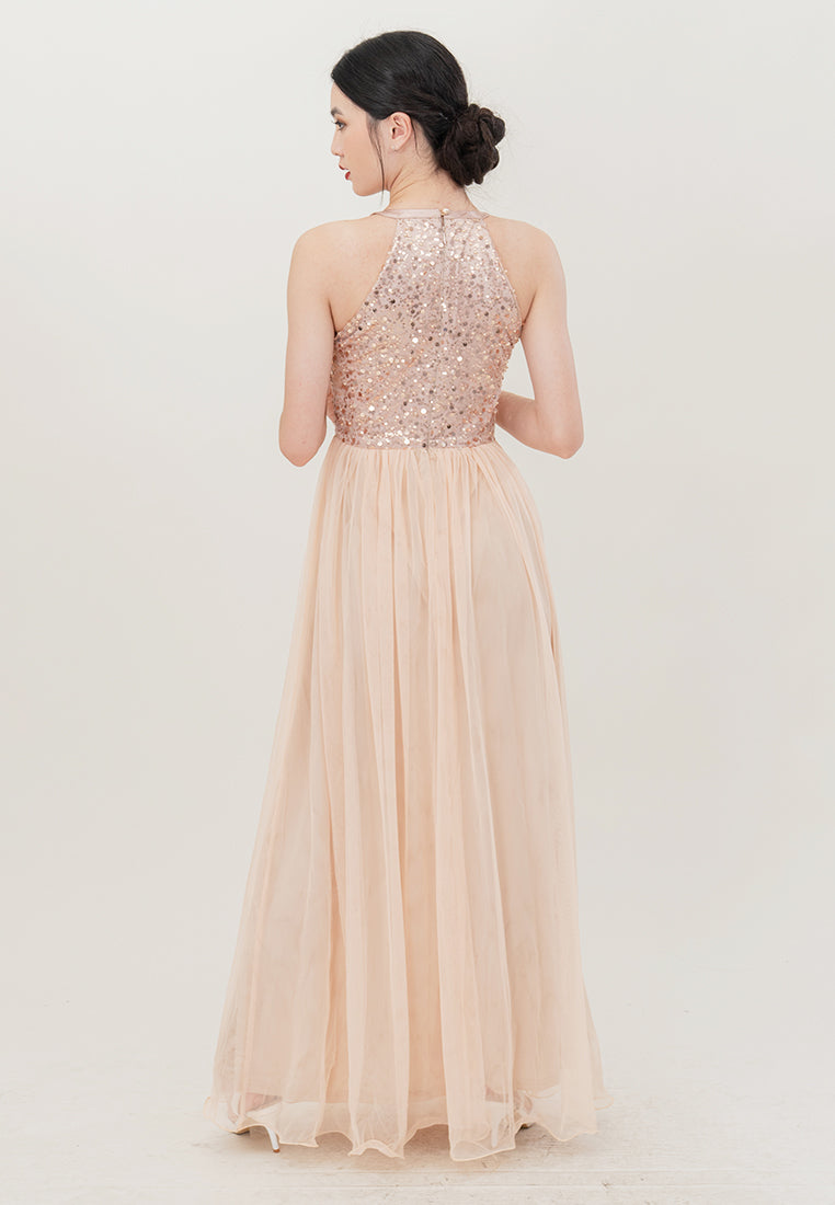 BebeBeige Halter Neck Sequins Mesh Maxi Long Dinner Dress