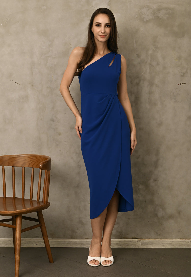 BebeBeige One Shoulder Polyester Slit On Midi Dinner Dress