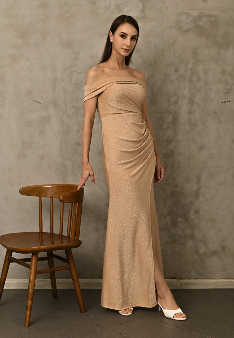 BebeBeige Off-shoulder Glitter Dinner Dress