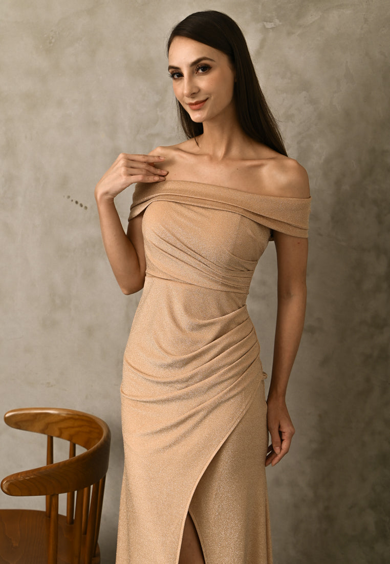 BebeBeige Off-shoulder Glitter Dinner Dress