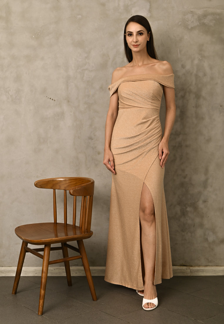 BebeBeige Off-shoulder Glitter Dinner Dress