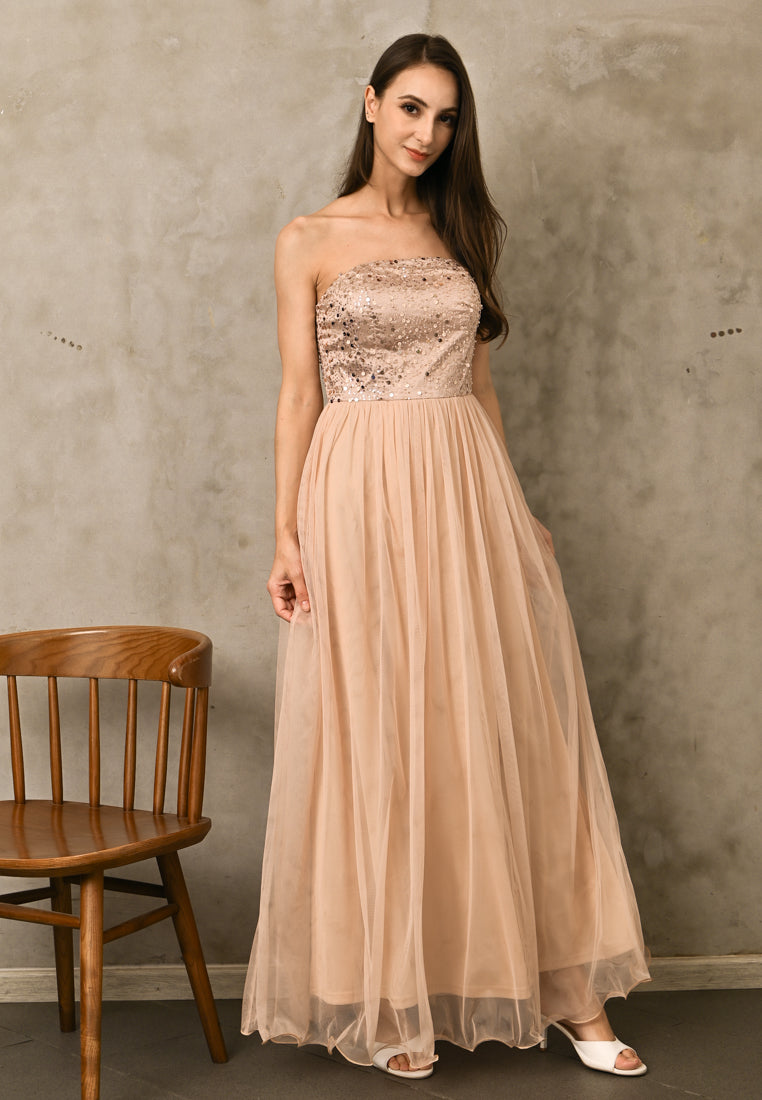 BebeBeige Off Shoulder Sequins Maxi Dress