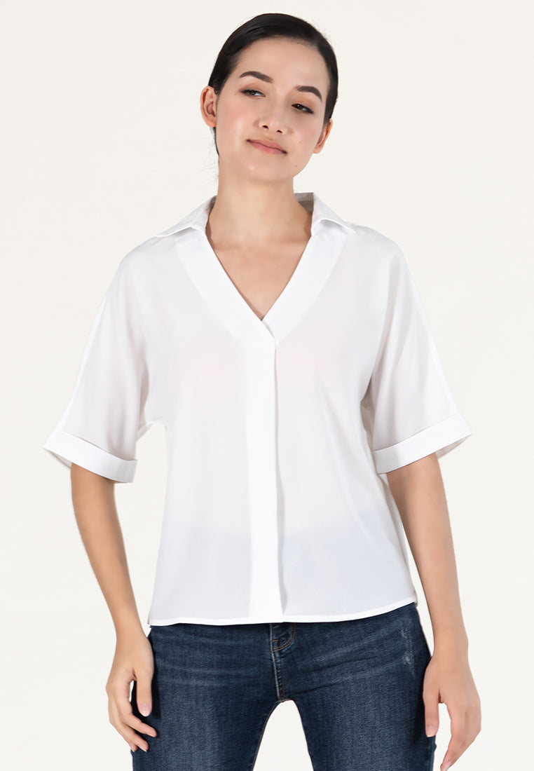 BebeBeige Collar Folded Short Sleeve Blouse Top