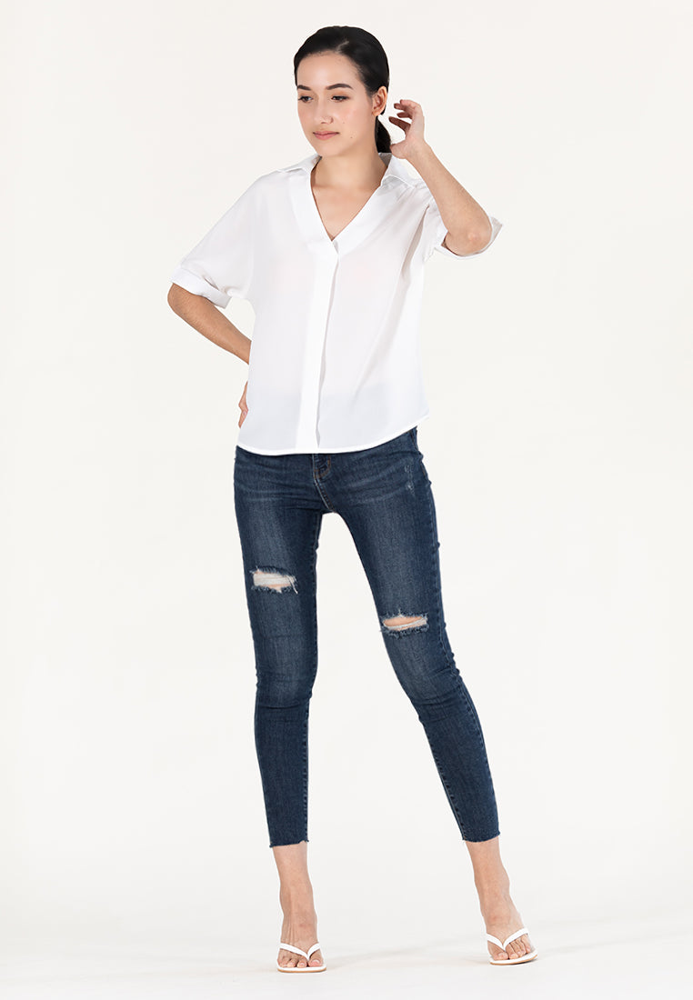 BebeBeige Collar Folded Short Sleeve Blouse Top