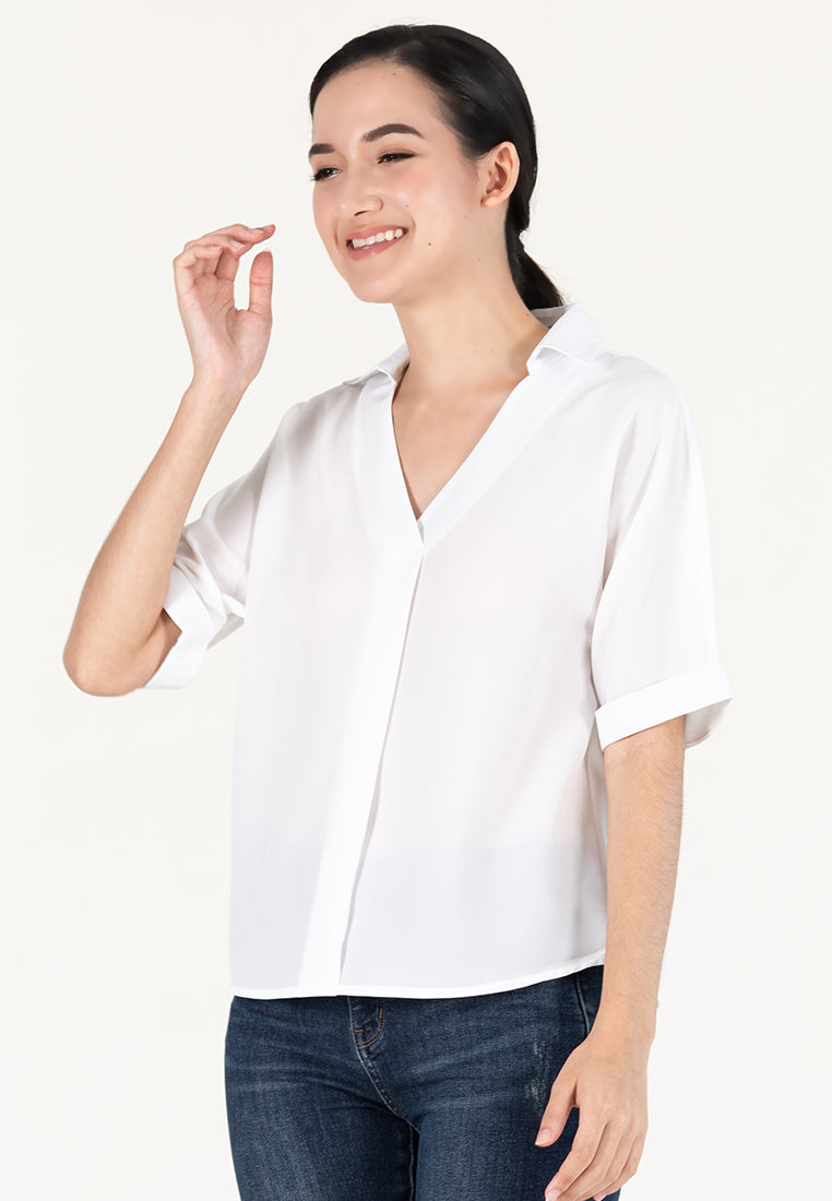 BebeBeige Collar Folded Short Sleeve Blouse Top