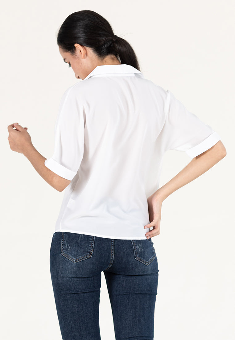 BebeBeige Collar Folded Short Sleeve Blouse Top