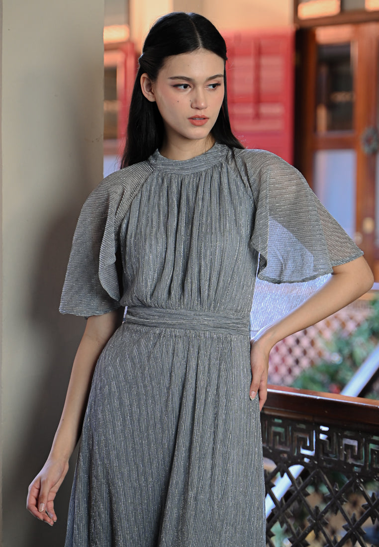 BebeButterfly Pleated Metallic Crepe Maxi Dress