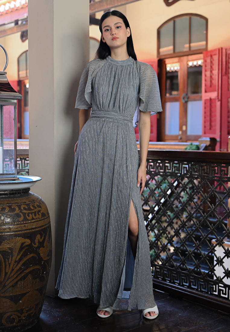 BebeButterfly Pleated Metallic Crepe Maxi Dress