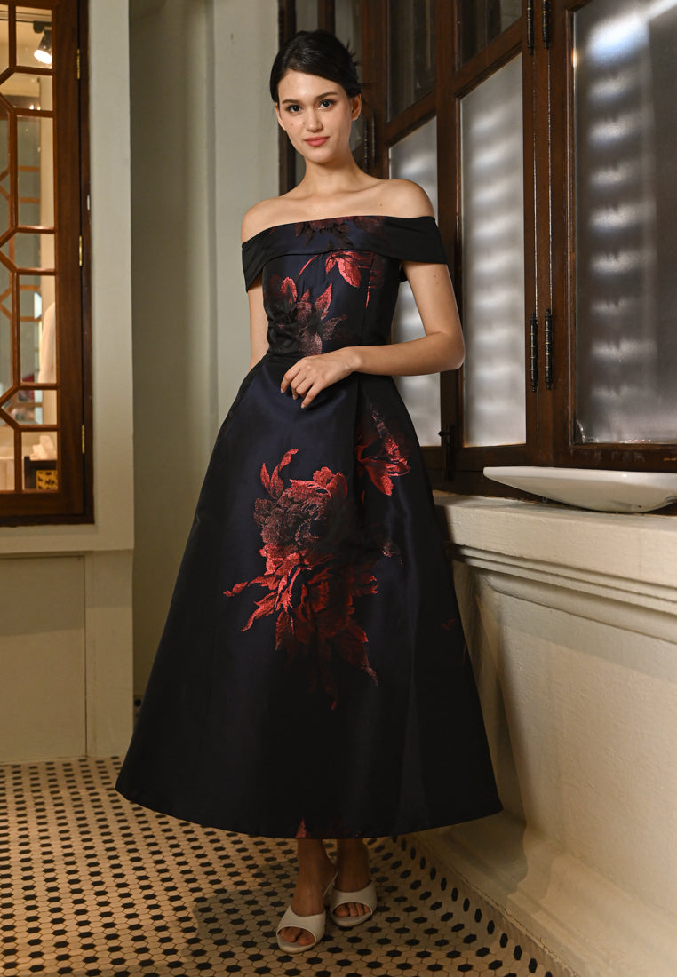 BebeButterfly Floral Off Shoulder Dinner Dress