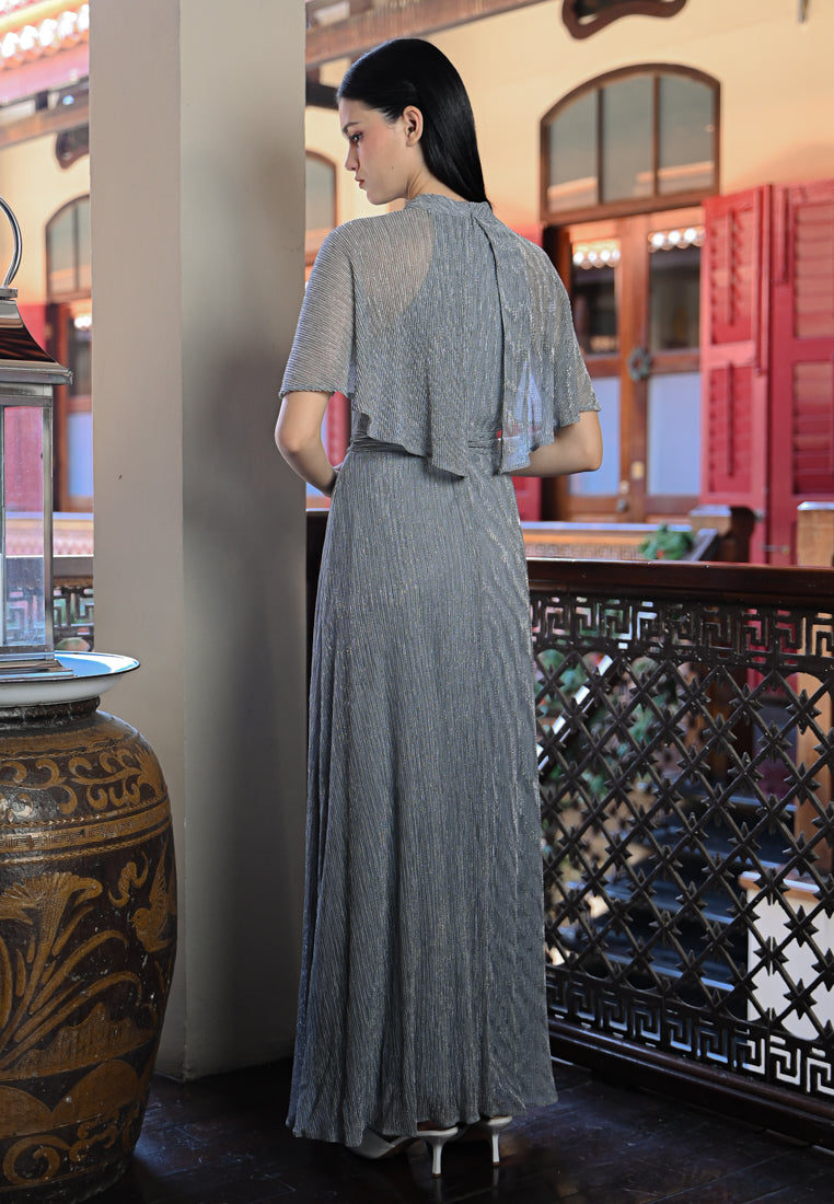 BebeButterfly Pleated Metallic Crepe Maxi Dress