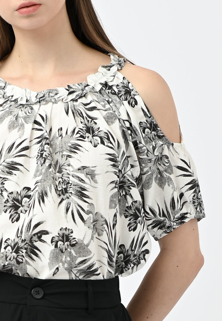 Plain B. Cold Shoulder Floral Shirt